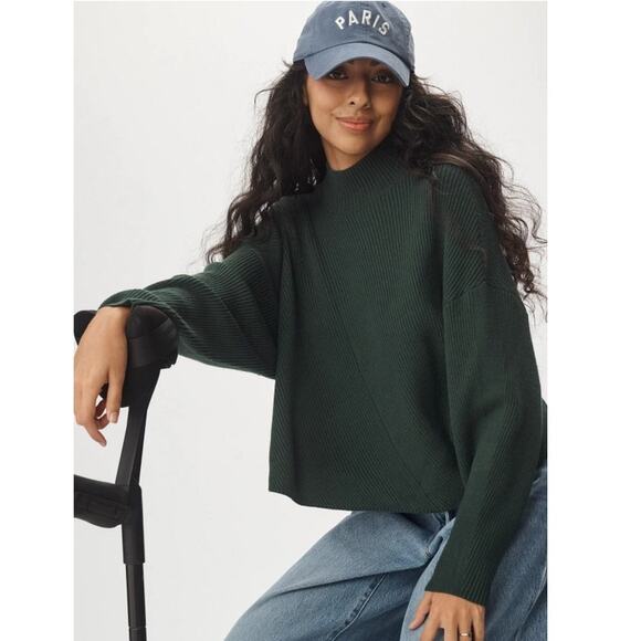 Maeve Anthropologie Meredith Ribbed Sweater XL Forest Green Boxy Crop Mockneck - Picture 1 of 9
